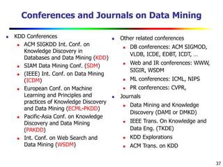 37
Conferences and Journals on Data Mining
 KDD Conferences
 ACM SIGKDD Int. Conf. on
Knowledge Discovery in
Databases and Data Mining (KDD)
 SIAM Data Mining Conf. (SDM)
 (IEEE) Int. Conf. on Data Mining
(ICDM)
 European Conf. on Machine
Learning and Principles and
practices of Knowledge Discovery
and Data Mining (ECML-PKDD)
 Pacific-Asia Conf. on Knowledge
Discovery and Data Mining
(PAKDD)
 Int. Conf. on Web Search and
Data Mining (WSDM)
 Other related conferences
 DB conferences: ACM SIGMOD,
VLDB, ICDE, EDBT, ICDT, …
 Web and IR conferences: WWW,
SIGIR, WSDM
 ML conferences: ICML, NIPS
 PR conferences: CVPR,
 Journals
 Data Mining and Knowledge
Discovery (DAMI or DMKD)
 IEEE Trans. On Knowledge and
Data Eng. (TKDE)
 KDD Explorations
 ACM Trans. on KDD
 