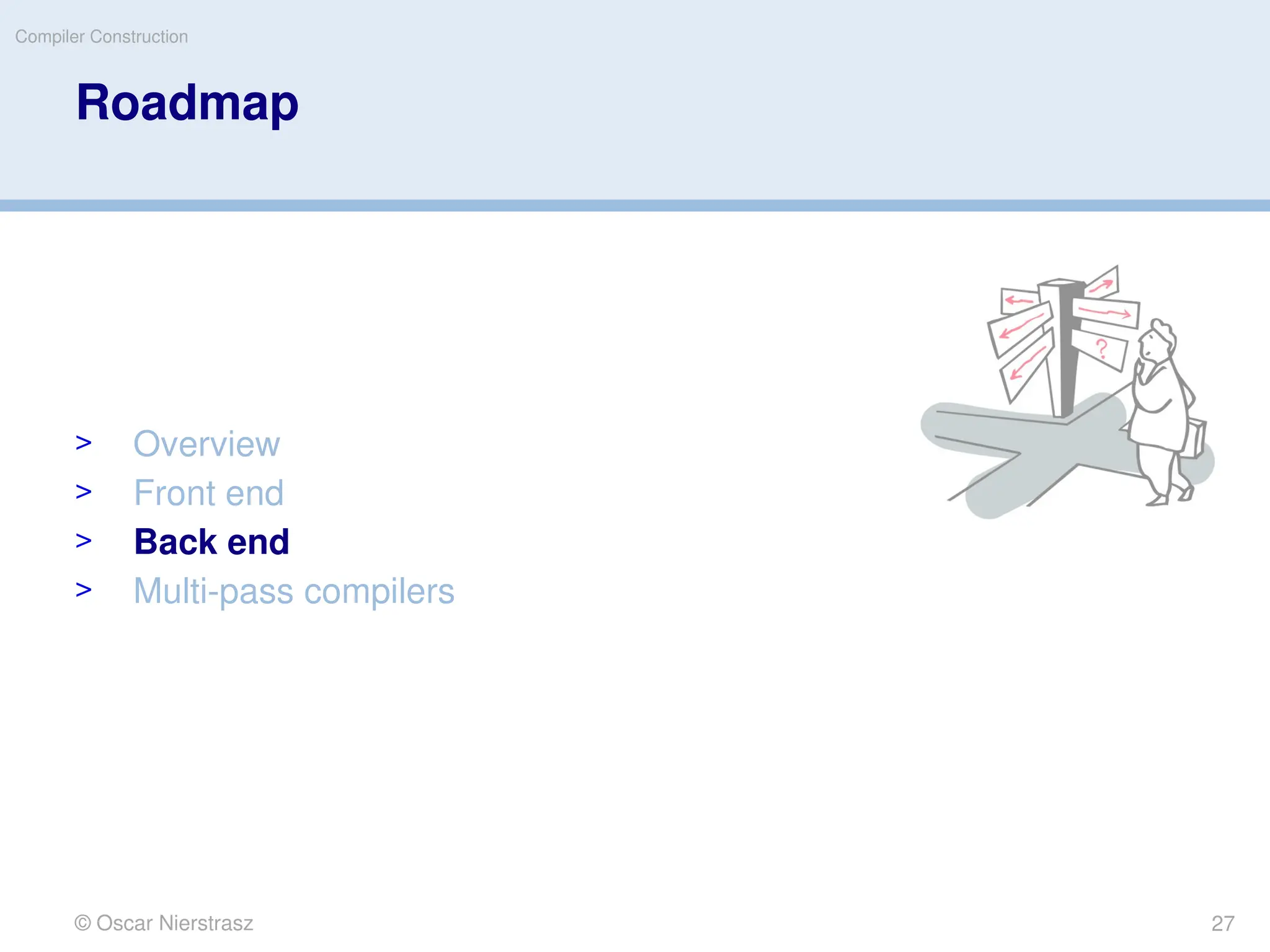 © Oscar Nierstrasz
Compiler Construction
Roadmap
> Overview
> Front end
> Back end
> Multi-pass compilers
27
 