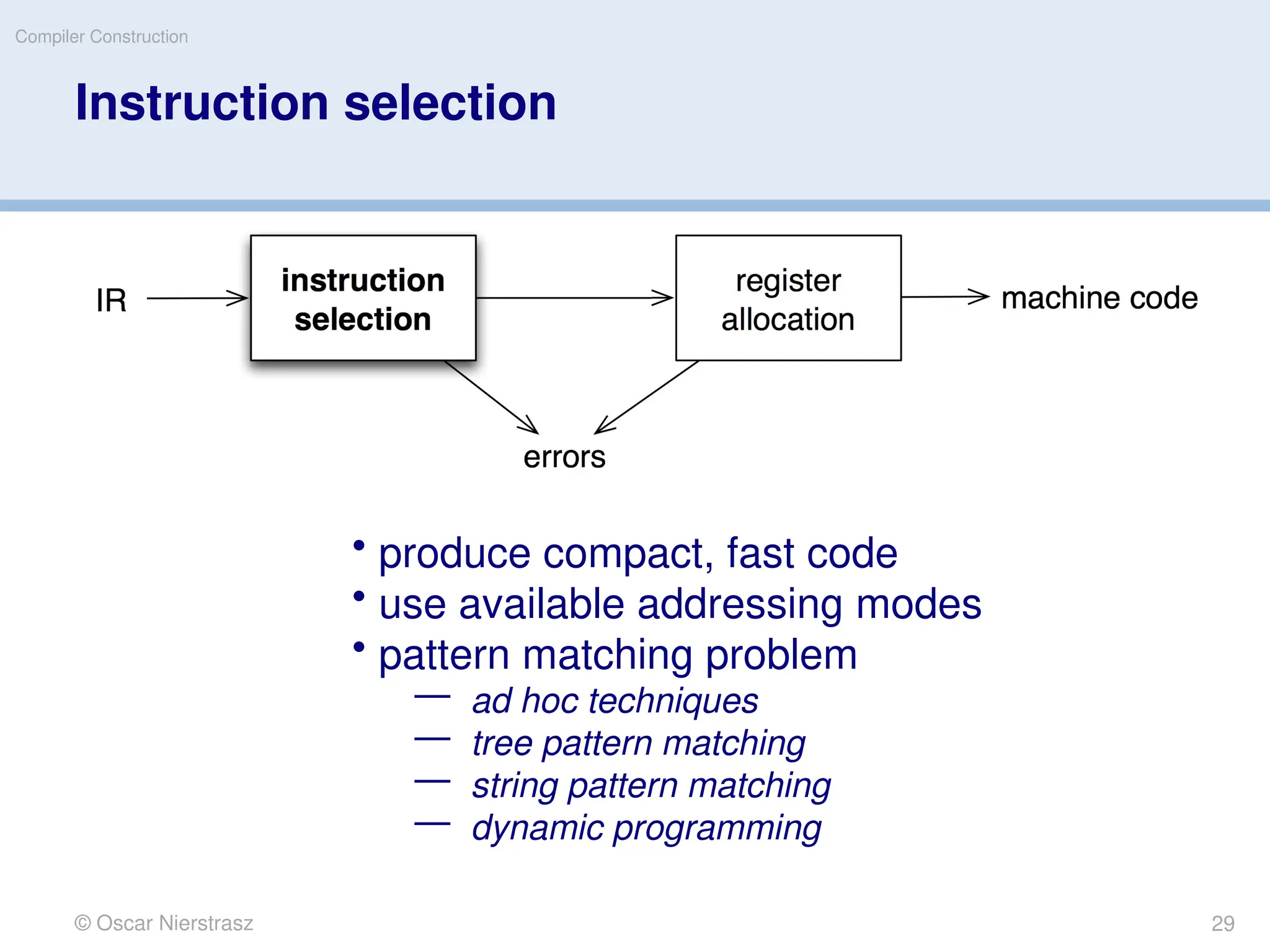 © Oscar Nierstrasz
Compiler Construction
Instruction selection
• produce compact, fast code
• use available addressing modes
• pattern matching problem
— ad hoc techniques
— tree pattern matching
— string pattern matching
— dynamic programming
29
 