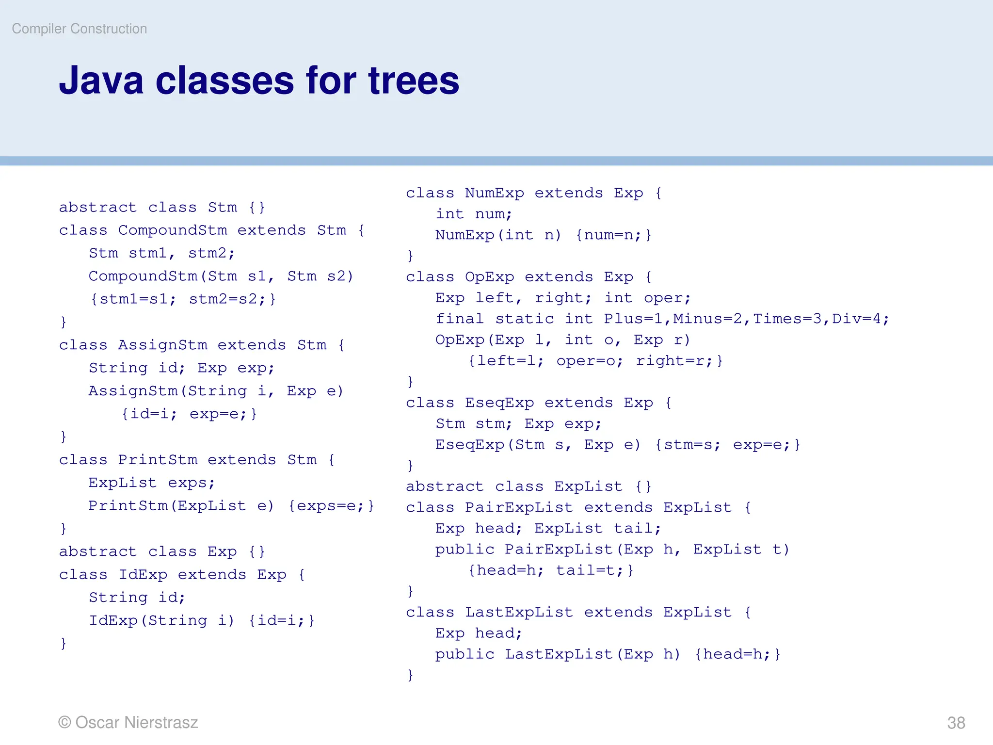 © Oscar Nierstrasz
Compiler Construction
Java classes for trees
abstract class Stm {}
class CompoundStm extends Stm {
Stm stm1, stm2;
CompoundStm(Stm s1, Stm s2)
{stm1=s1; stm2=s2;}
}
class AssignStm extends Stm {
String id; Exp exp;
AssignStm(String i, Exp e)
{id=i; exp=e;}
}
class PrintStm extends Stm {
ExpList exps;
PrintStm(ExpList e) {exps=e;}
}
abstract class Exp {}
class IdExp extends Exp {
String id;
IdExp(String i) {id=i;}
}
class NumExp extends Exp {
int num;
NumExp(int n) {num=n;}
}
class OpExp extends Exp {
Exp left, right; int oper;
final static int Plus=1,Minus=2,Times=3,Div=4;
OpExp(Exp l, int o, Exp r)
{left=l; oper=o; right=r;}
}
class EseqExp extends Exp {
Stm stm; Exp exp;
EseqExp(Stm s, Exp e) {stm=s; exp=e;}
}
abstract class ExpList {}
class PairExpList extends ExpList {
Exp head; ExpList tail;
public PairExpList(Exp h, ExpList t)
{head=h; tail=t;}
}
class LastExpList extends ExpList {
Exp head;
public LastExpList(Exp h) {head=h;}
}
38
 