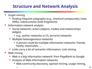 25
Structure and Network Analysis
 Graph mining
 Finding frequent subgraphs (e.g., chemical compounds), trees
(XML), substructures (web fragments)
 Information network analysis
 Social networks: actors (objects, nodes) and relationships
(edges)

e.g., author networks in CS, terrorist networks
 Multiple heterogeneous networks

A person could be multiple information networks: friends,
family, classmates, …
 Links carry a lot of semantic information: Link mining
 Web mining
 Web is a big information network: from PageRank to Google
 Analysis of Web information networks

Web community discovery, opinion mining, usage mining,
…
 