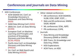 37
Conferences and Journals on Data Mining
 KDD Conferences
 ACM SIGKDD Int. Conf. on
Knowledge Discovery in
Databases and Data Mining
(KDD)
 SIAM Data Mining Conf. (SDM)
 (IEEE) Int. Conf. on Data Mining
(ICDM)
 European Conf. on Machine
Learning and Principles and
practices of Knowledge
Discovery and Data Mining
(ECML-PKDD)
 Pacific-Asia Conf. on Knowledge
Discovery and Data Mining
(PAKDD)
 Int. Conf. on Web Search and
Data Mining (WSDM)
 Other related conferences
 DB conferences: ACM SIGMOD,
VLDB, ICDE, EDBT, ICDT, …
 Web and IR conferences: WWW,
SIGIR, WSDM
 ML conferences: ICML, NIPS
 PR conferences: CVPR,
 Journals
 Data Mining and Knowledge
Discovery (DAMI or DMKD)
 IEEE Trans. On Knowledge and
Data Eng. (TKDE)
 KDD Explorations
 ACM Trans. on KDD
 