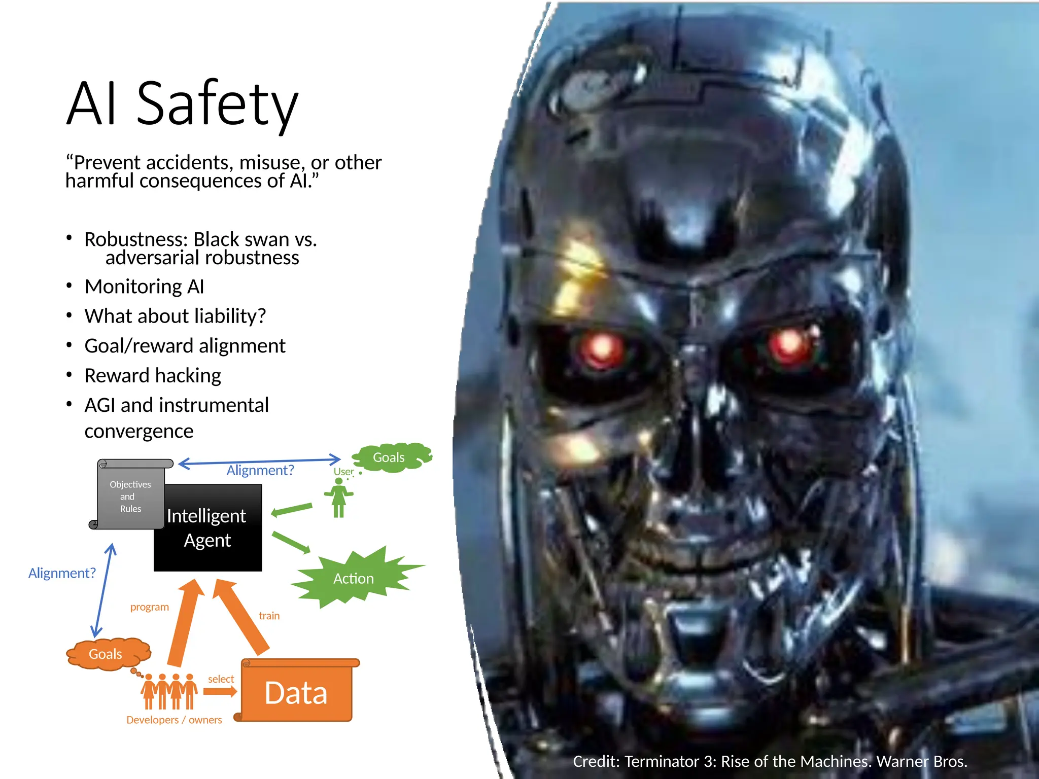 AI Safety
Credit: Terminator 3: Rise of the Machines. Warner Bros.
Intelligent
Agent
User
Goals
Data
select
train
Objectives
and
Rules
Developers / owners
Goals
Action
Alignment?
“Prevent accidents, misuse, or other
harmful consequences of AI.”
• Robustness: Black swan vs.
adversarial robustness
• Monitoring AI
• What about liability?
• Goal/reward alignment
• Reward hacking
• AGI and instrumental
convergence
Alignment?
program
 