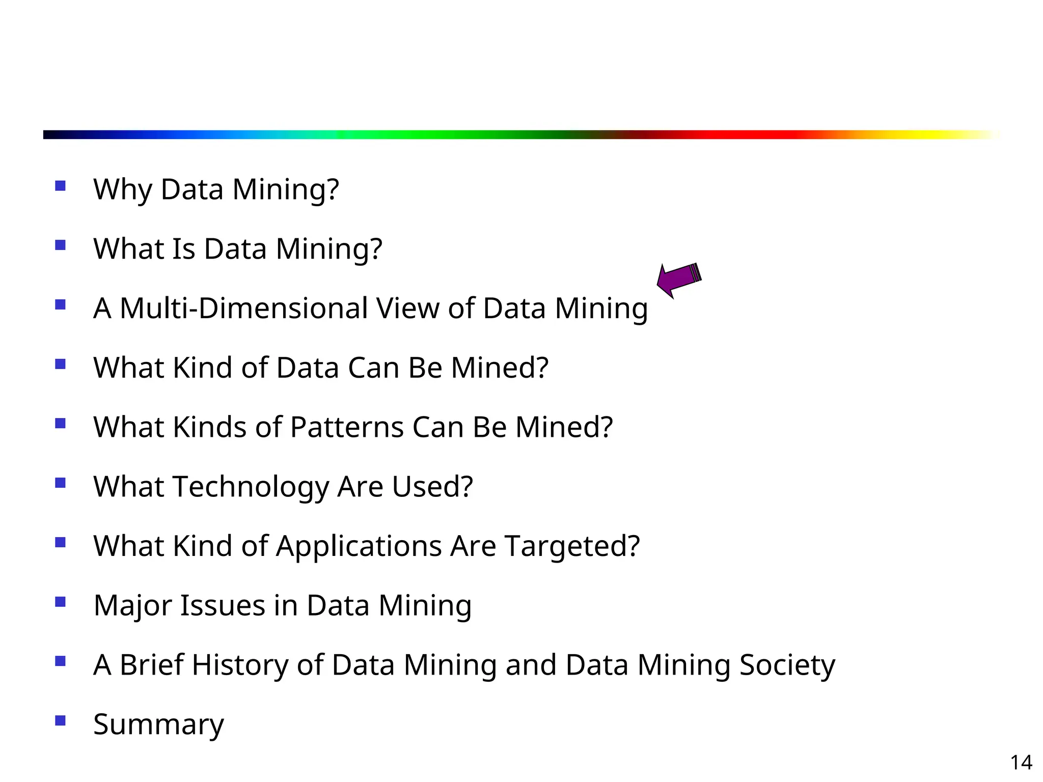 14
 Why Data Mining?
 What Is Data Mining?
 A Multi-Dimensional View of Data Mining
 What Kind of Data Can Be Mined?
 What Kinds of Patterns Can Be Mined?
 What Technology Are Used?
 What Kind of Applications Are Targeted?
 Major Issues in Data Mining
 A Brief History of Data Mining and Data Mining Society
 Summary
 