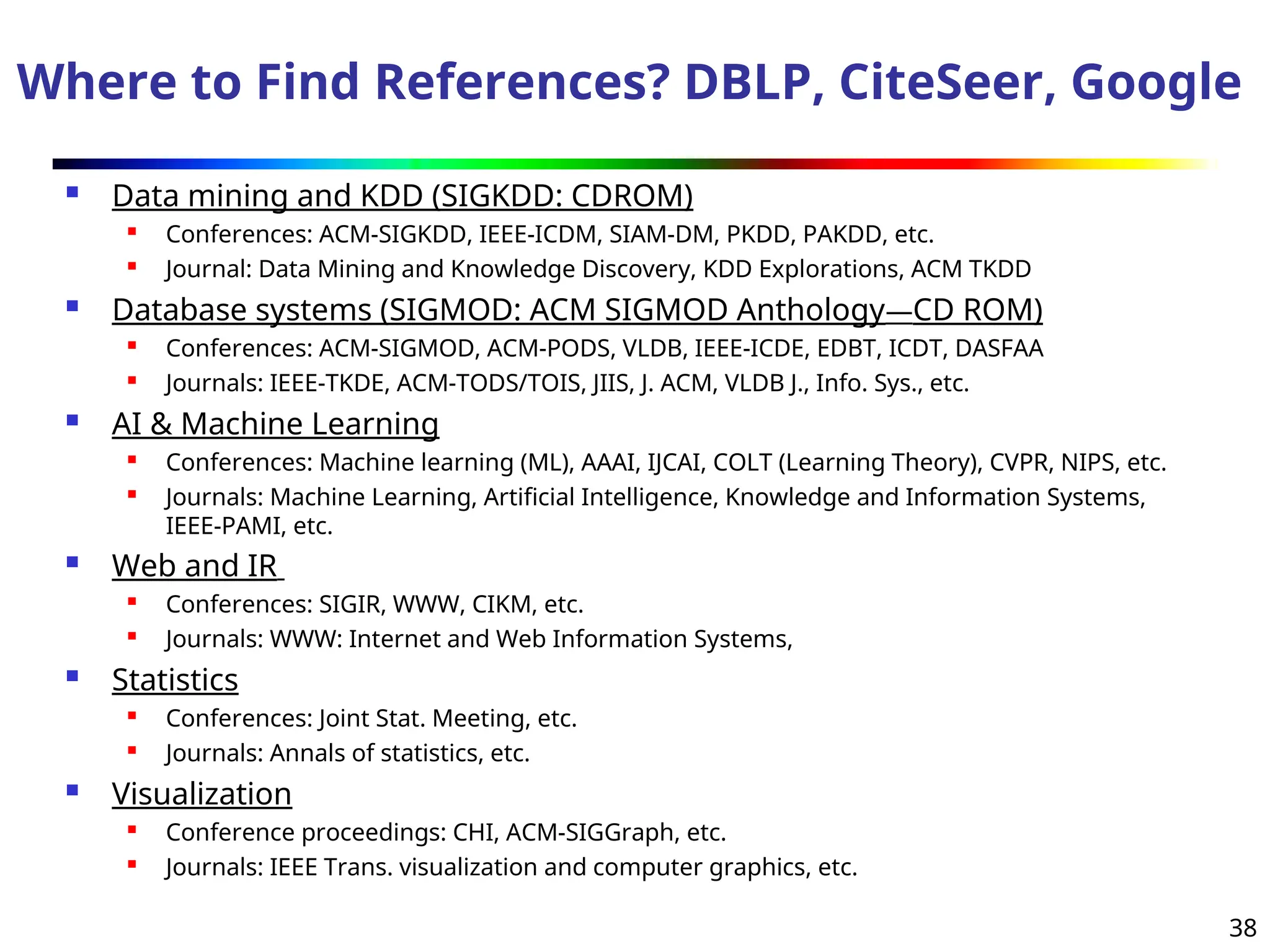 38
Where to Find References? DBLP, CiteSeer, Google
 Data mining and KDD (SIGKDD: CDROM)

Conferences: ACM-SIGKDD, IEEE-ICDM, SIAM-DM, PKDD, PAKDD, etc.

Journal: Data Mining and Knowledge Discovery, KDD Explorations, ACM TKDD
 Database systems (SIGMOD: ACM SIGMOD Anthology—CD ROM)
 Conferences: ACM-SIGMOD, ACM-PODS, VLDB, IEEE-ICDE, EDBT, ICDT, DASFAA
 Journals: IEEE-TKDE, ACM-TODS/TOIS, JIIS, J. ACM, VLDB J., Info. Sys., etc.
 AI & Machine Learning

Conferences: Machine learning (ML), AAAI, IJCAI, COLT (Learning Theory), CVPR, NIPS, etc.

Journals: Machine Learning, Artificial Intelligence, Knowledge and Information Systems,
IEEE-PAMI, etc.
 Web and IR

Conferences: SIGIR, WWW, CIKM, etc.
 Journals: WWW: Internet and Web Information Systems,
 Statistics

Conferences: Joint Stat. Meeting, etc.

Journals: Annals of statistics, etc.
 Visualization
 Conference proceedings: CHI, ACM-SIGGraph, etc.
 Journals: IEEE Trans. visualization and computer graphics, etc.
 