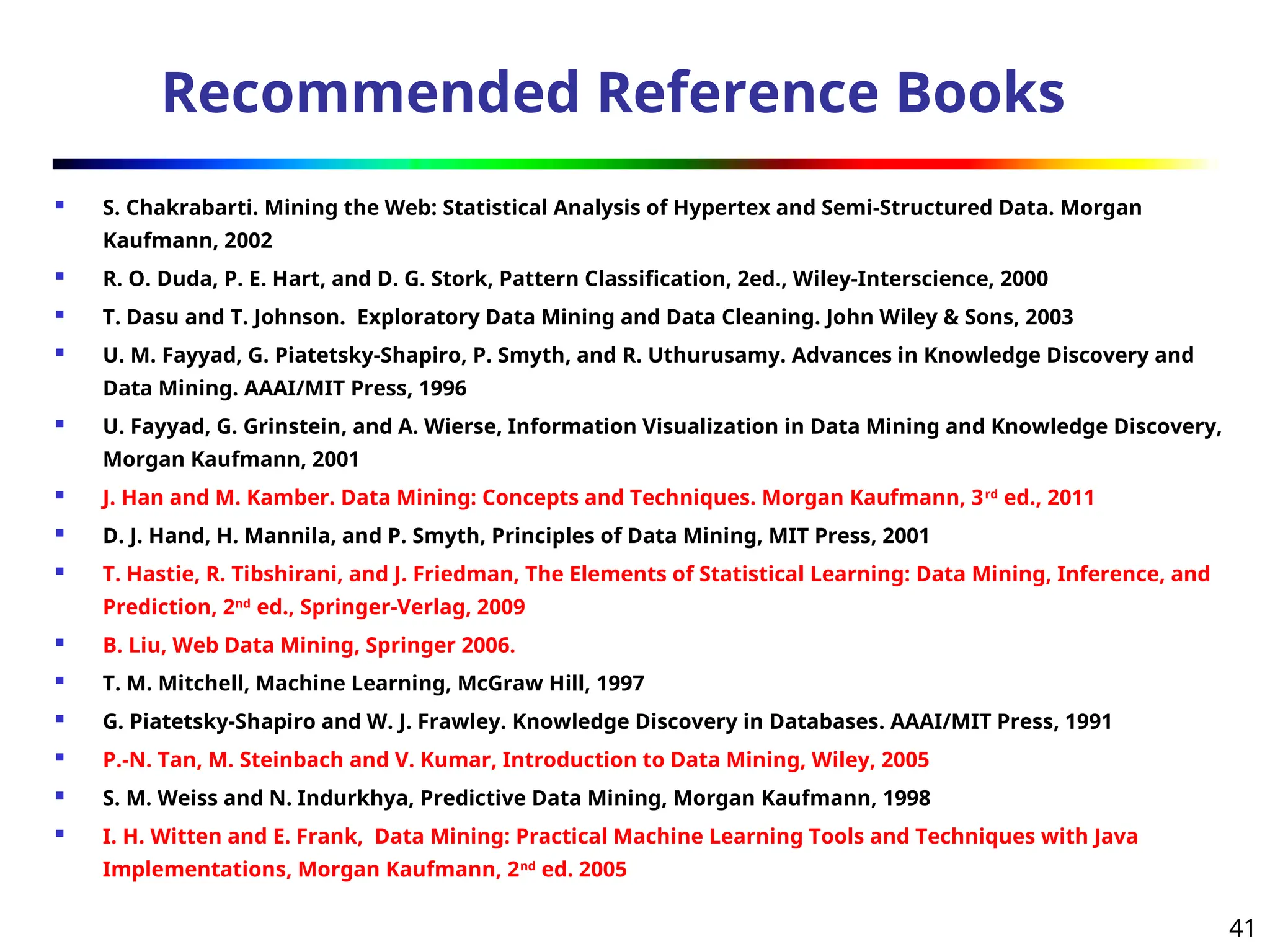 41
Recommended Reference Books
 S. Chakrabarti. Mining the Web: Statistical Analysis of Hypertex and Semi-Structured Data. Morgan
Kaufmann, 2002
 R. O. Duda, P. E. Hart, and D. G. Stork, Pattern Classification, 2ed., Wiley-Interscience, 2000
 T. Dasu and T. Johnson. Exploratory Data Mining and Data Cleaning. John Wiley & Sons, 2003
 U. M. Fayyad, G. Piatetsky-Shapiro, P. Smyth, and R. Uthurusamy. Advances in Knowledge Discovery and
Data Mining. AAAI/MIT Press, 1996
 U. Fayyad, G. Grinstein, and A. Wierse, Information Visualization in Data Mining and Knowledge Discovery,
Morgan Kaufmann, 2001
 J. Han and M. Kamber. Data Mining: Concepts and Techniques. Morgan Kaufmann, 3rd
ed., 2011
 D. J. Hand, H. Mannila, and P. Smyth, Principles of Data Mining, MIT Press, 2001
 T. Hastie, R. Tibshirani, and J. Friedman, The Elements of Statistical Learning: Data Mining, Inference, and
Prediction, 2nd
ed., Springer-Verlag, 2009
 B. Liu, Web Data Mining, Springer 2006.
 T. M. Mitchell, Machine Learning, McGraw Hill, 1997
 G. Piatetsky-Shapiro and W. J. Frawley. Knowledge Discovery in Databases. AAAI/MIT Press, 1991
 P.-N. Tan, M. Steinbach and V. Kumar, Introduction to Data Mining, Wiley, 2005
 S. M. Weiss and N. Indurkhya, Predictive Data Mining, Morgan Kaufmann, 1998
 I. H. Witten and E. Frank, Data Mining: Practical Machine Learning Tools and Techniques with Java
Implementations, Morgan Kaufmann, 2nd
ed. 2005
 