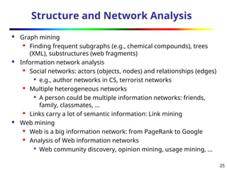 25
Structure and Network Analysis
 Graph mining
 Finding frequent subgraphs (e.g., chemical compounds), trees
(XML), substructures (web fragments)
 Information network analysis
 Social networks: actors (objects, nodes) and relationships (edges)

e.g., author networks in CS, terrorist networks
 Multiple heterogeneous networks

A person could be multiple information networks: friends,
family, classmates, …

Links carry a lot of semantic information: Link mining
 Web mining
 Web is a big information network: from PageRank to Google
 Analysis of Web information networks

Web community discovery, opinion mining, usage mining, …
 
