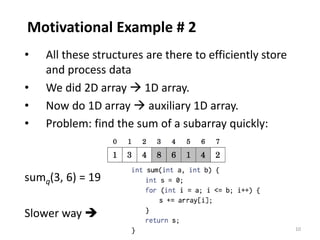10
Motivational Example # 2
• All these structures are there to efficiently store
and process data
• We did 2D array  1D array.
• Now do 1D array  auxiliary 1D array.
• Problem: find the sum of a subarray quickly:
sumq(3, 6) = 19
Slower way 
 