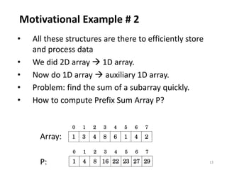 13
Motivational Example # 2
• All these structures are there to efficiently store
and process data
• We did 2D array  1D array.
• Now do 1D array  auxiliary 1D array.
• Problem: find the sum of a subarray quickly.
• How to compute Prefix Sum Array P?
Array:
P:
 