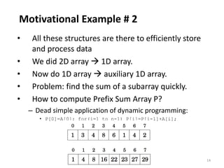 14
Motivational Example # 2
• All these structures are there to efficiently store
and process data
• We did 2D array  1D array.
• Now do 1D array  auxiliary 1D array.
• Problem: find the sum of a subarray quickly.
• How to compute Prefix Sum Array P?
– Dead simple application of dynamic programming:
• P[0]=A[0]; for(i=1 to n-1) P[i]=P[i-1]+A[i];
 
