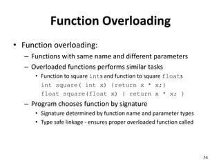 54
Function Overloading
• Function overloading:
– Functions with same name and different parameters
– Overloaded functions performs similar tasks
• Function to square ints and function to square floats
int square( int x) {return x * x;}
float square(float x) { return x * x; }
– Program chooses function by signature
• Signature determined by function name and parameter types
• Type safe linkage - ensures proper overloaded function called
 