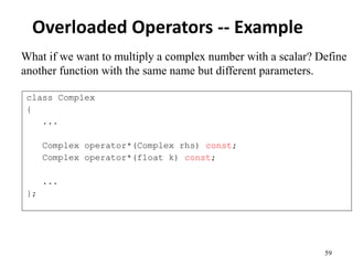 59
Overloaded Operators -- Example
What if we want to multiply a complex number with a scalar? Define
another function with the same name but different parameters.
class Complex
{
...
Complex operator*(Complex rhs) const;
Complex operator*(float k) const;
...
};
 