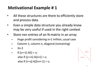 8
Motivational Example # 1
• All these structures are there to efficiently store
and process data
• Even a simple data structure you already know
may be very useful if used in the right context
• Store nxn entries of an N-matrix in an array
– Huge profit considering n=1 million, usual case
– Column 1, column n, diagonal (remaining)
– 3n-2
– if (j==1) A[i] = v;
else if (j==n) A[n+i] = v;
else if (i==j) A[2n+i-1] = v;
 