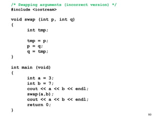 80
/* Swapping arguments (incorrect version) */
#include <iostream>
void swap (int p, int q)
{
int tmp;
tmp = p;
p = q;
q = tmp;
}
int main (void)
{
int a = 3;
int b = 7;
cout << a << b << endl;
swap(a,b);
cout << a << b << endl;
return 0;
}
 