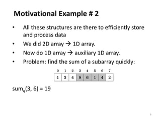 9
Motivational Example # 2
• All these structures are there to efficiently store
and process data
• We did 2D array  1D array.
• Now do 1D array  auxiliary 1D array.
• Problem: find the sum of a subarray quickly:
sumq(3, 6) = 19
 
