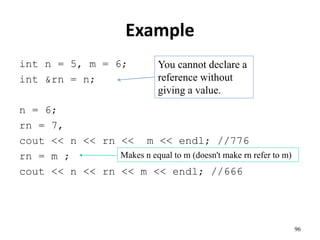 Example
int n = 5, m = 6;
int &rn = n;
n = 6;
rn = 7,
cout << n << rn << m << endl; //776
rn = m ;
cout << n << rn << m << endl; //666
96
You cannot declare a
reference without
giving a value.
Makes n equal to m (doesn't make rn refer to m)
 