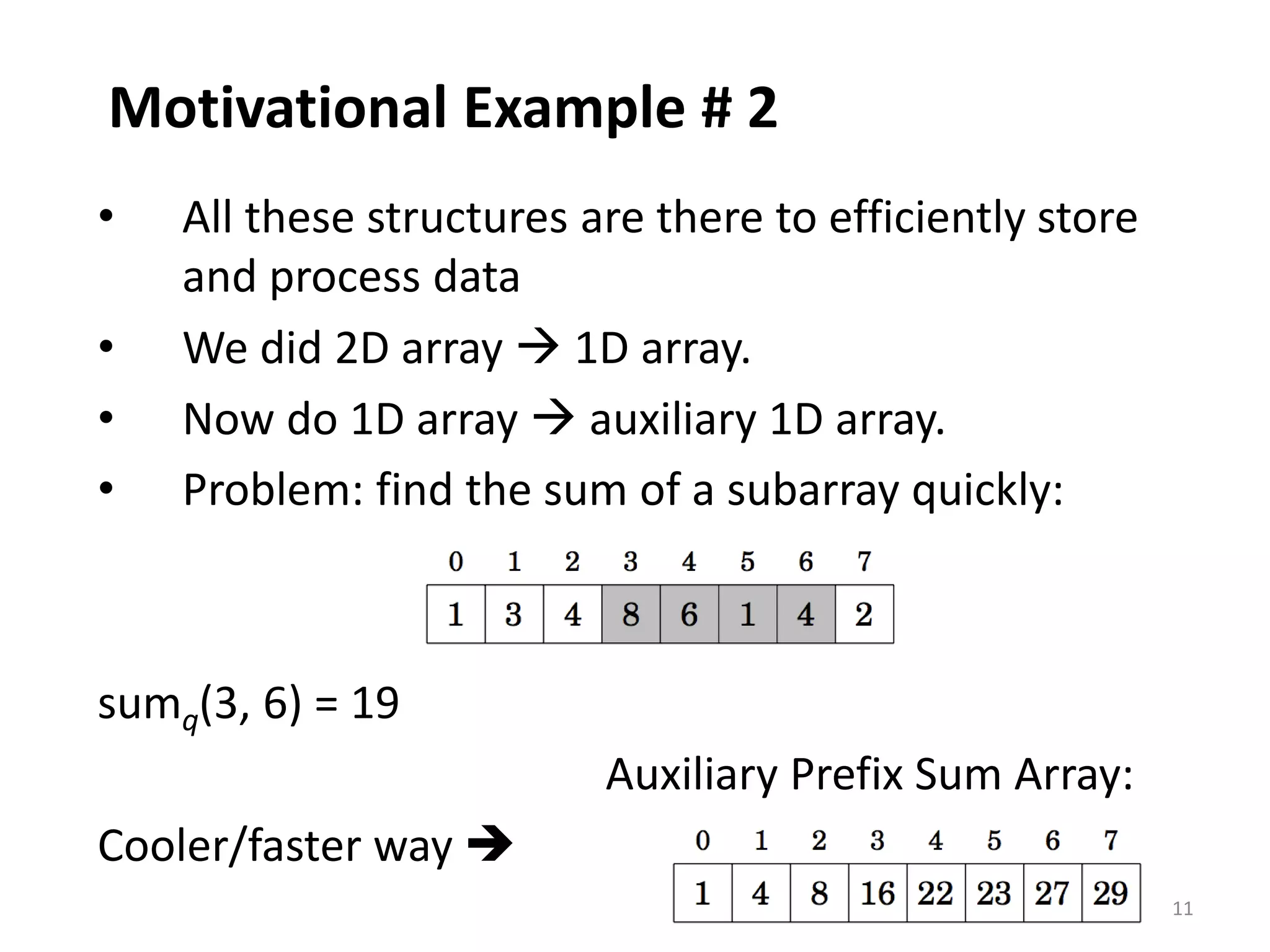 11
Motivational Example # 2
• All these structures are there to efficiently store
and process data
• We did 2D array  1D array.
• Now do 1D array  auxiliary 1D array.
• Problem: find the sum of a subarray quickly:
sumq(3, 6) = 19
Auxiliary Prefix Sum Array:
Cooler/faster way 
 