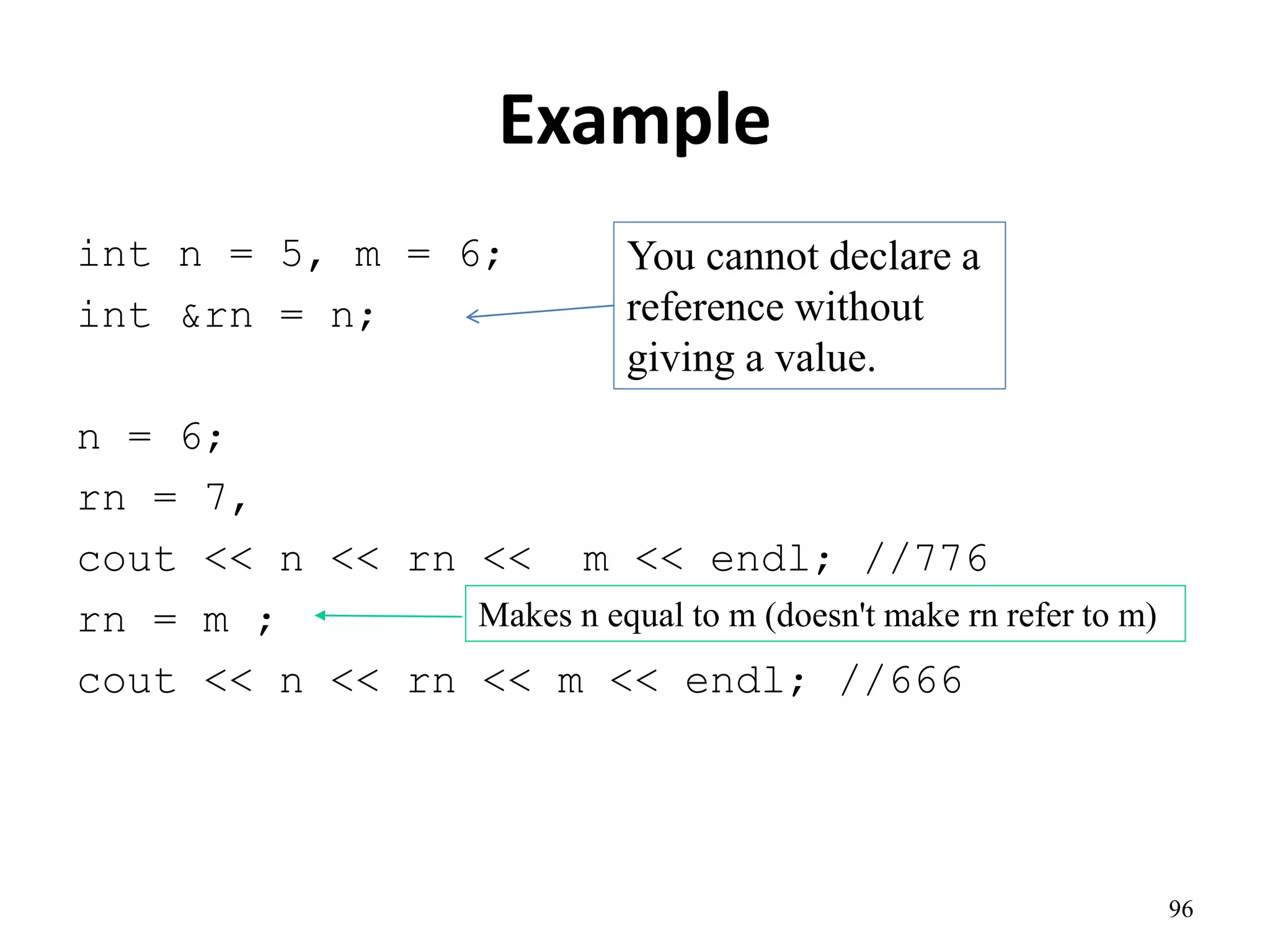 Example
int n = 5, m = 6;
int &rn = n;
n = 6;
rn = 7,
cout << n << rn << m << endl; //776
rn = m ;
cout << n << rn << m << endl; //666
96
You cannot declare a
reference without
giving a value.
Makes n equal to m (doesn't make rn refer to m)
 