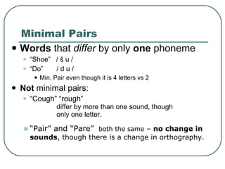 Minimal Pairs Words  that  differ  by only  one  phoneme “ Shoe”  /  š u /  “ Do”  / d u /  Min. Pair even though it is 4 letters vs 2 Not  minimal pairs: “ Cough” “rough”   differ by more than one sound, though only one letter.  “ Pair” and “Pare”   both the same  –  no change in sounds , though there is a change in orthography.  