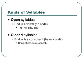 Kinds of Syllables Open  syllables End in a vowel (no coda) The, he, she, play Closed  syllables End with a consonant (have a coda) Bring, them, luck, speech  