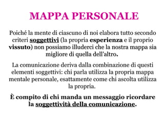 MAPPA PERSONALE Poiché la mente di ciascuno di noi elabora tutto secondo criteri  soggettivi  (la propria  esperienza  e il proprio  vissuto ) non possiamo illuderci che la nostra mappa sia migliore di quella dell’altro .  La comunicazione deriva dalla combinazione di questi elementi soggettivi: chi parla utilizza la propria mappa mentale personale, esattamente come chi ascolta utilizza la propria.  È compito di chi manda un messaggio ricordare la  soggettività della comunicazione . 