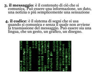 3. il messaggio : è il contenuto di ciò che si comunica. Può essere una informazione, un dato, una notizia o più semplicemente una sensazione 4. il codice : è il sistema di segni che si usa quando si comunica e senza il quale non avviene la trasmissione del messaggio. Può essere sia una lingua, che un gesto, un grafico, un disegno.  