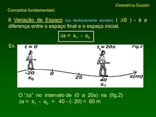 Ex.
Cinemática Escalar
O “s” no intervalo de (0 a 20s) na (fig.2)
s = s1 - s0 = 40 - (- 20) = 60 m
6 Variação de Espaço (ou deslocamento escalar) ( S ) - é a
diferença entre o espaço final e o espaço inicial.
s = s1 - s0
Conceitos fundamentais:
 