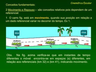 2 Movimento e Repouso - são conceitos relativos pois dependem de um
referencial:
1 O carro fig. está em movimento, quando sua posição em relação a
um dado referencial variar no decorrer do tempo. Ex 1.
Cinemática Escalar
Conceitos fundamentais:
Obs. Na fig. acima verifica-se que em instantes de tempo
diferentes o móvel encontra-se em espaços (s) diferentes, em
relação aos referenciais (km 32) e (km 41), indicando movimento.
 