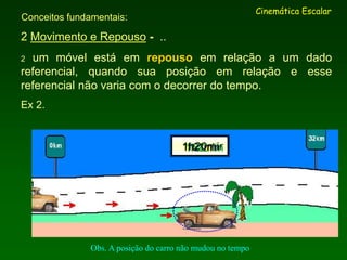 Cinemática Escalar
Conceitos fundamentais:
2 Movimento e Repouso - ..
2 um móvel está em repouso em relação a um dado
referencial, quando sua posição em relação e esse
referencial não varia com o decorrer do tempo.
Ex 2.
Obs. A posição do carro não mudou no tempo
1h25min1h24min1h23min1h22min1h21min1h20min
 