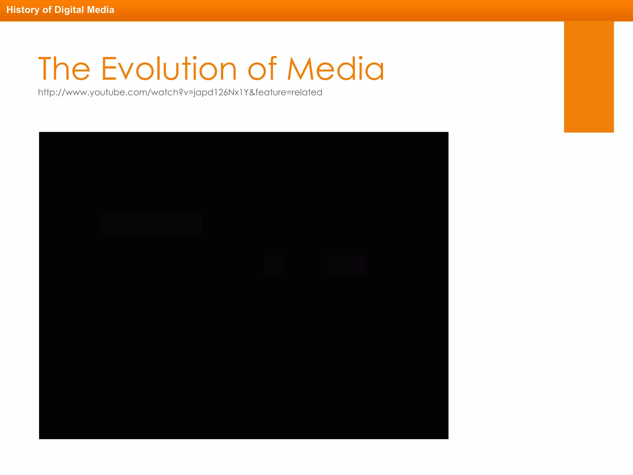 The Evolution of Media http://www.youtube.com/watch?v=japd126Nx1Y&feature=related History of Digital Media 
