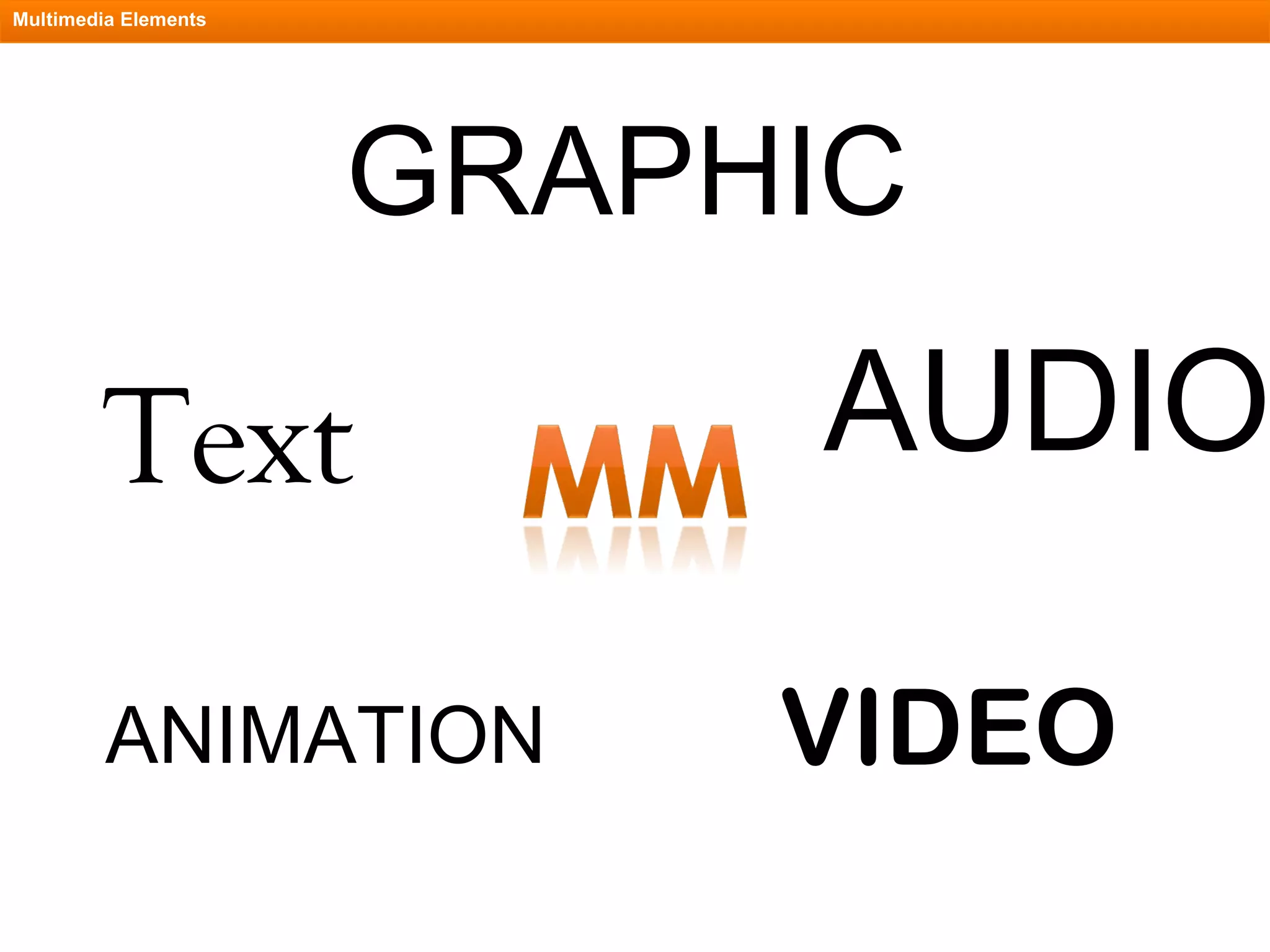 Multimedia Elements Text GRAPHIC AUDIO VIDEO ANIMATION 