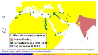Figura 1.7: A difusão para o oeste da cana em tempos pré-islâmicos (mostrado em vermelho), no mundo árabe medieval (verde) e pelos
europeus em 1400 (violeta). Adaptado de http://commons.wikimedia.org.
Rodrigues, Clauber D. (UEMS) Origem e histórico da cana jan16 13 / 56
 