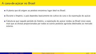 A cana-de-açúcar no Brasil
A planta que dá origem ao produto encontrou lugar ideal no Brasil.
Durante o Império, o país dependeu basicamente do cultivo da cana e da exportação do açúcar.
Calcula-se que naquele período da história, a exportação do açúcar rendeu ao Brasil cinco vezes
mais que as divisas proporcionadas por todos os outros produtos agrícolas destinados ao mercado
externo.
Rodrigues, Clauber D. (UEMS) Origem e histórico da cana jan16 27 / 56
 
