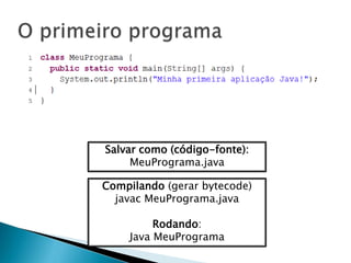 Compilando (gerar bytecode)
javac MeuPrograma.java
Rodando:
Java MeuPrograma
Salvar como (código-fonte):
MeuPrograma.java
 