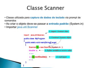Classe Scanner
• Classe utilizada para captura de dados do teclado via prompt de
comandos
• Ao criar o objeto deve-se passar a entrada padrão (System.in)
• Importar java.util.Scanner
 