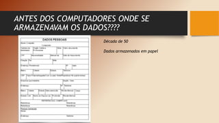 ANTES DOS COMPUTADORES ONDE SE
ARMAZENAVAM OS DADOS????
Década de 50
Dados armazenados em papel
 