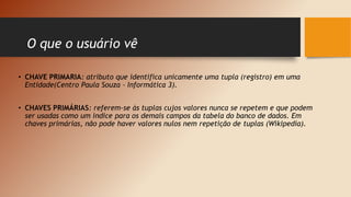 O que o usuário vê
• CHAVE PRIMARIA: atributo que identifica unicamente uma tupla (registro) em uma
Entidade(Centro Paula Souza – Informática 3).
• CHAVES PRIMÁRIAS: referem-se às tuplas cujos valores nunca se repetem e que podem
ser usadas como um índice para os demais campos da tabela do banco de dados. Em
chaves primárias, não pode haver valores nulos nem repetição de tuplas (Wikipedia).
 
