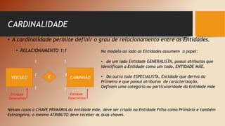 • A cardinalidade permite definir o grau de relacionamento entre as Entidades.
• RELACIONAMENTO 1:1
CARDINALIDADE
VEICULO CAMINHÃO
E
1 1
1 1
1
No modelo ao lado as Entidades assumem o papel:
• de um lado Entidade GENERALISTA, possui atributos que
Identificam a Entidade como um todo, ENTIDADE MÃE.
• Do outro lado ESPECIALISTA, Entidade que deriva da
Primeira e que possui atributos de caracterização,
Definem uma categoria ou particularidade da Entidade mãe
Nesses casos a CHAVE PRIMÁRIA da entidade mãe, deve ser criada na Entidade Filha como Primária e também
Estrangeira, o mesmo ATRIBUTO deve receber as duas chaves.
Entidade
Generalista
Entidade
Especialista
 