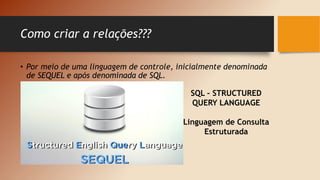 Como criar a relações???
• Por meio de uma linguagem de controle, inicialmente denominada
de SEQUEL e após denominada de SQL.
SQL – STRUCTURED
QUERY LANGUAGE
Linguagem de Consulta
Estruturada
 