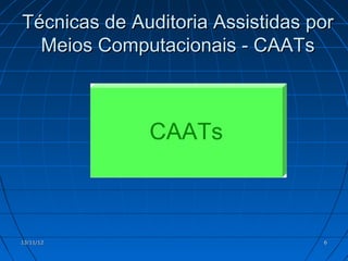 Técnicas de Auditoria Assistidas por
  Meios Computacionais - CAATs




13/11/12                          6
 