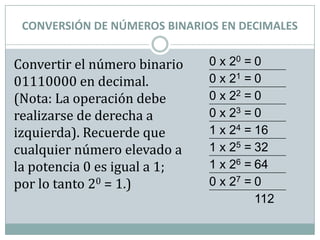 CONVERSIÓN DE NÚMEROS BINARIOS EN DECIMALES


Convertir el número binario   0 x 20 = 0
01110000 en decimal.          0 x 21 = 0
(Nota: La operación debe      0 x 22 = 0
realizarse de derecha a       0 x 23 = 0
izquierda). Recuerde que      1 x 24 = 16
cualquier número elevado a    1 x 25 = 32
la potencia 0 es igual a 1;   1 x 26 = 64
por lo tanto 20 = 1.)         0 x 27 = 0
                                       112
 