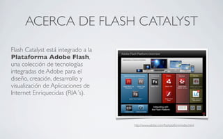ACERCA DE FLASH CATALYST
Flash Catalyst está integrado a la
Plataforma Adobe Flash,
una colección de tecnologías
integradas de Adobe para el
diseño, creación, desarrollo y
visualización de Aplicaciones de
Internet Enriquecidas (RIA´s).



                                     http://www.adobe.com/ﬂashplatform/index.html
 