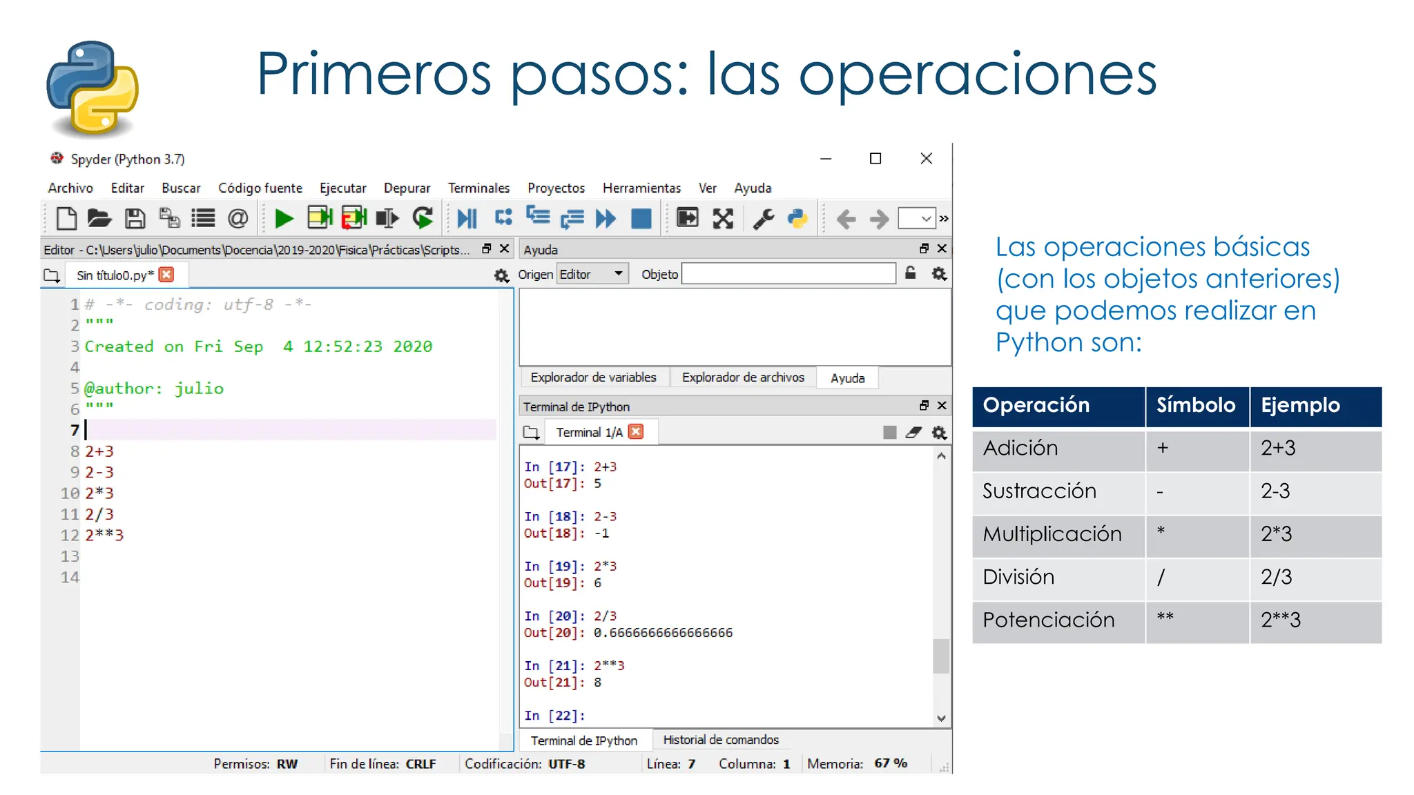 Primeros pasos: las operaciones
Las operaciones básicas
(con los objetos anteriores)
que podemos realizar en
Python son:
Operación Símbolo Ejemplo
Adición + 2+3
Sustracción - 2-3
Multiplicación * 2*3
División / 2/3
Potenciación ** 2**3
 