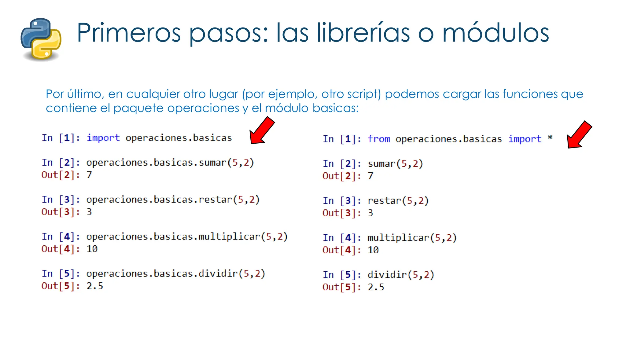 Primeros pasos: las librerías o módulos
Por último, en cualquier otro lugar (por ejemplo, otro script) podemos cargar las funciones que
contiene el paquete operaciones y el módulo basicas:
 