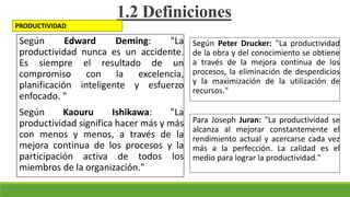 Según Edward Deming: "La
productividad nunca es un accidente.
Es siempre el resultado de un
compromiso con la excelencia,
planificación inteligente y esfuerzo
enfocado. "
Según Kaouru Ishikawa: "La
productividad significa hacer más y más
con menos y menos, a través de la
mejora continua de los procesos y la
participación activa de todos los
miembros de la organización."
1.2 Definiciones
Según Peter Drucker: "La productividad
de la obra y del conocimiento se obtiene
a través de la mejora continua de los
procesos, la eliminación de desperdicios
y la maximización de la utilización de
recursos."
Para Joseph Juran: "La productividad se
alcanza al mejorar constantemente el
rendimiento actual y acercarse cada vez
más a la perfección. La calidad es el
medio para lograr la productividad."
PRODUCTIVIDAD
 