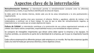 Aspectos clave de la interrelación
Retroalimentación Continua: La interrelación permite la retroalimentación constante entre los diferentes
departamentos y niveles, lo que facilita la identificación de áreas de mejora.
Se debe partir de los clientes internos, donde cada una de las areas retroalimenta a la otra positivamente y
negativamente.
La retroalimentación positiva sirve para reconocer el esfuerzo, felicitar y agradecer, además de motivar a los
colaboradores a continuar con el buen trabajo. En caso de que se deba dar retroalimentación negativa, es
importante tomar en cuenta que se cumpla objetivos de mejora.
Cultura de Calidad: La interrelación contribuye a la construcción de una cultura organizacional centrada en la
calidad. Esto implica valores compartidos, responsabilidad mutua y una mentalidad de mejora continua.
Se compone de intangibles importantes que dictan cómo debe operar la empresa y los equipos. En
muchos sentidos, se convierte en parte de la identidad de la empresa, por lo que es importante hacerlo
bien.
Cada cultura empresarial es diferente porque cada empresa es un mundo. No hay dos empresas iguales.
Cada una está formada por personas distintas y tiene objetivos únicos.
 