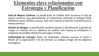 Ciclo de Mejora Continua: La planificación en Calidad Total incorpora el ciclo de
mejora continua, que generalmente se implementa utilizando el enfoque PDCA
(Planificar, Hacer, Verificar, Actuar). Este ciclo impulsa la iteración constante para la
mejora continua.
Gestión de Riesgos: La planificación también aborda la identificación y gestión de
riesgos en relación con los objetivos de calidad. Esto implica la anticipación y
mitigación de posibles obstáculos para lograr el éxito.
Uniformidad de mensaje: Todos los empleados, deberán conocer la Visión y
Misión de la organización a fin de orientar sus trabajo al logro de los objetivos
estratégicos.
Elementos clave relacionados con
Estrategia y Planificación
 