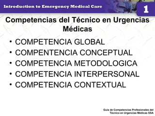 Competencias del Técnico en Urgencias
Médicas
• COMPETENCIA GLOBAL
• COMPENTENCIA CONCEPTUAL
• COMPETENCIA METODOLOGICA
• COMPETENCIA INTERPERSONAL
• COMPETENCIA CONTEXTUAL
24Guía de Competencias Profesionales del
Técnico en Urgencias Médicas SSA
 