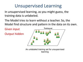 Unsupervised Learning
In unsupervised learning, as you might guess, the
training data is unlabeled.
The Model tries to learn without a teacher. So, the
Model find structure and pattern in the data on its own.
Given input
Output hidden
An unlabeled training set for unsupervised
learning
 