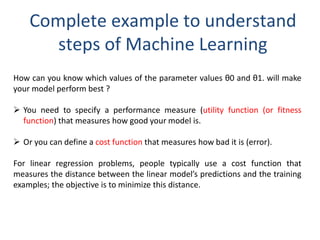 Complete example to understand
steps of Machine Learning
How can you know which values of the parameter values θ0 and θ1. will make
your model perform best ?
 You need to specify a performance measure (utility function (or fitness
function) that measures how good your model is.
 Or you can define a cost function that measures how bad it is (error).
For linear regression problems, people typically use a cost function that
measures the distance between the linear model’s predictions and the training
examples; the objective is to minimize this distance.
 